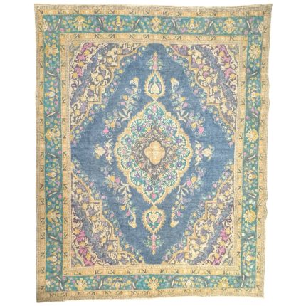 380 x 289cm Blue Yellow Hand Knotted Ultra Vintage Persian Wool Rug