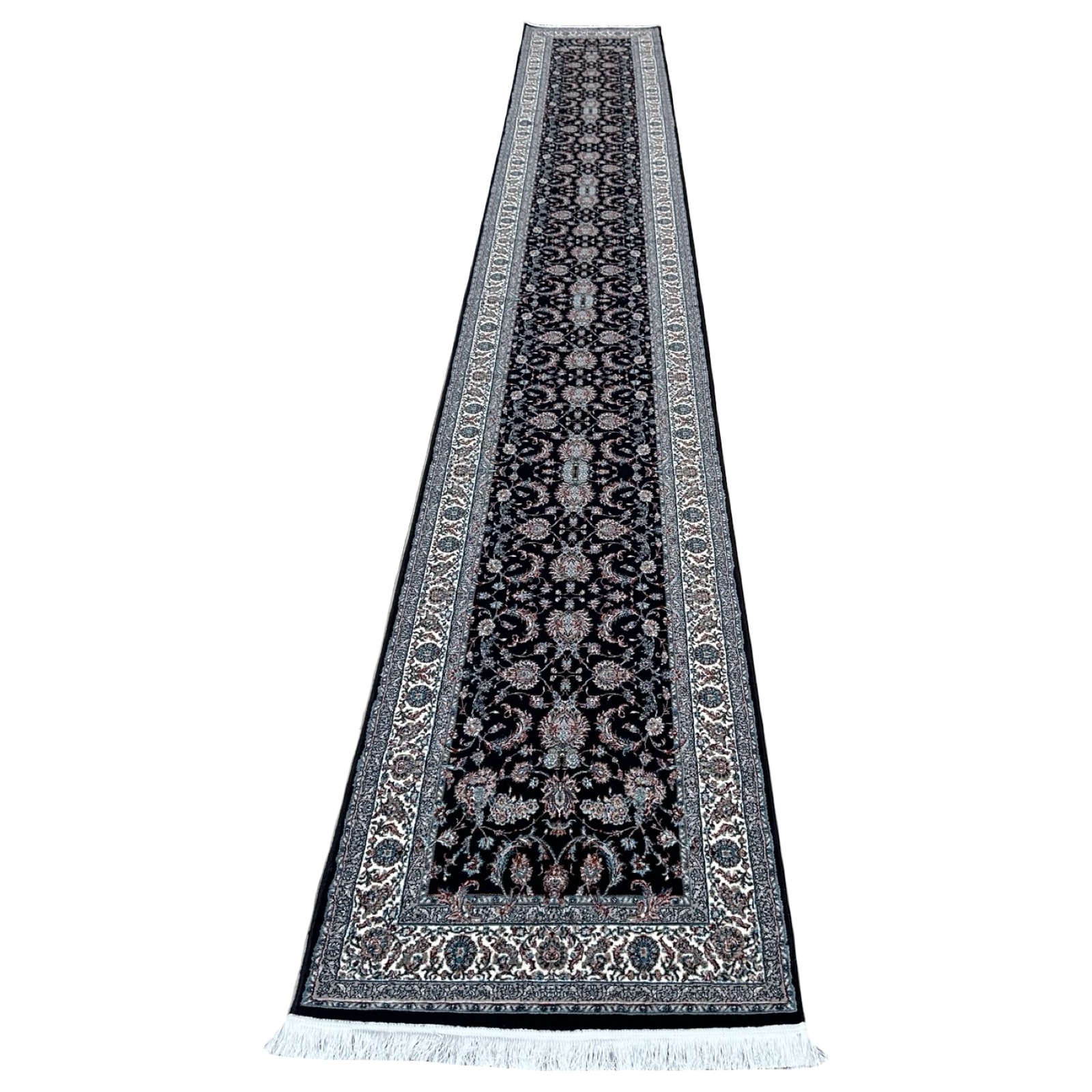 runner balifor_26 600 x 80cm All Over Floral Persian Kashan Design – Navy Runner Rug - Image 1