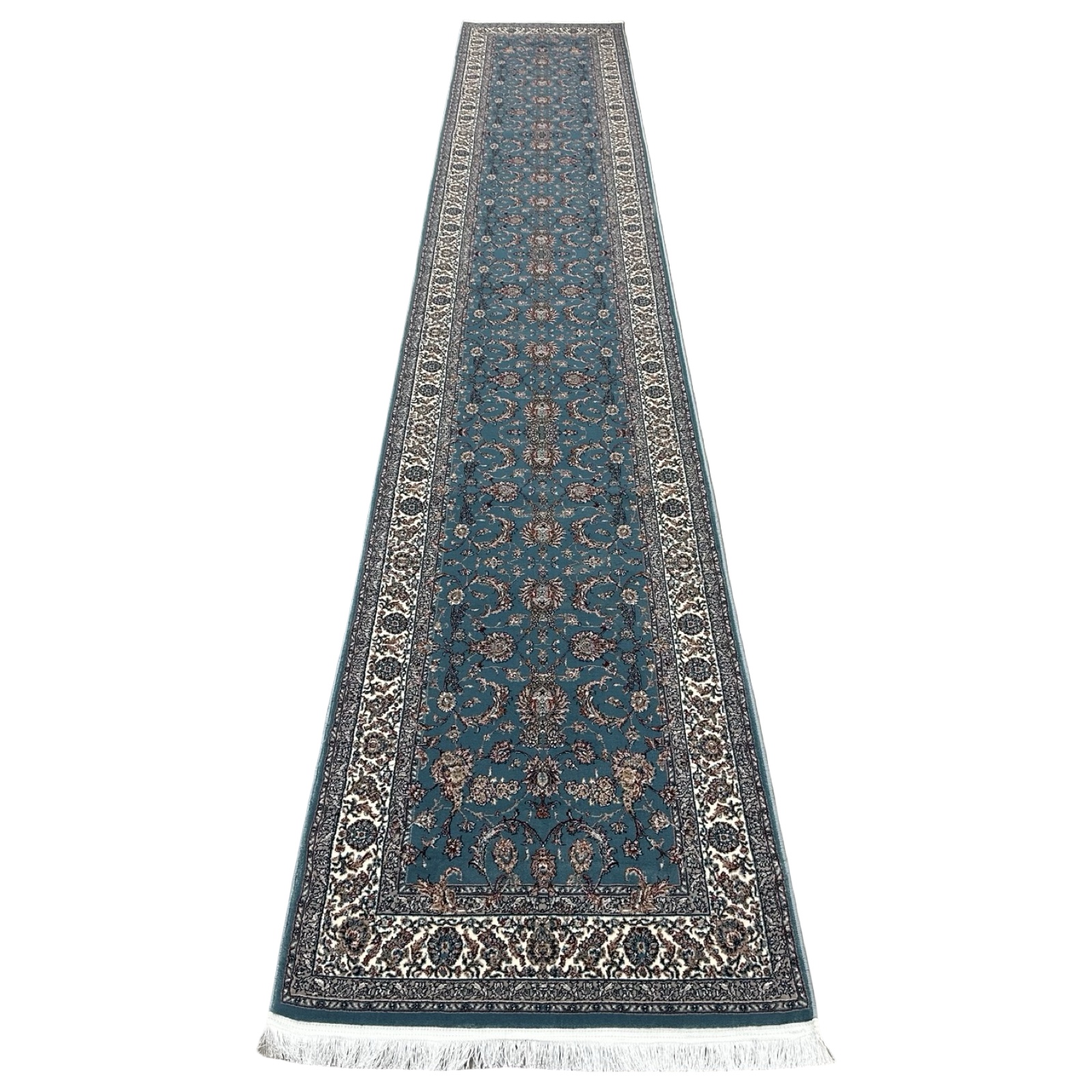500 x 80 nainnsjs_1 500 x 80cm All Over Floral Persian Kashan Design –Blue Runner Rug - Image 1