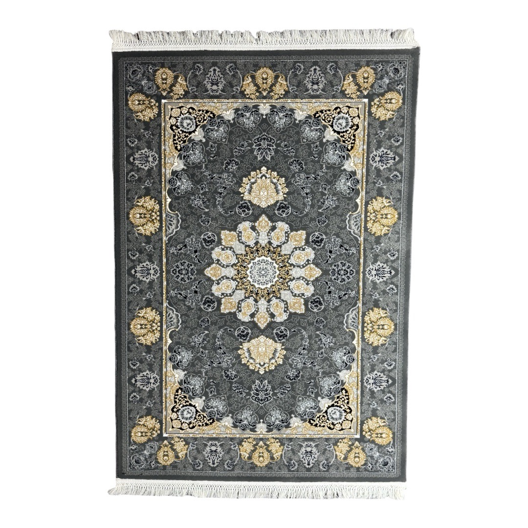 1-Large-1 150 × 100cm Charcoal & Gold Persian Floral Medallion Area Rug - Image 1