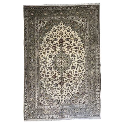 300cm x 198cm Hand-Knotted Floral Persian Kashan Cream Rug