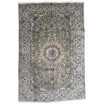 305cm x 197cm Hand-Knotted Persian Nain Rug – Olive Green & Blue Floral Medallion
