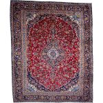 366 x 270cm Hand-Knotted Persian Kashan Rug – Red & Navy Traditional Medallion