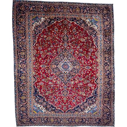 366 x 270cm Hand-Knotted Persian Kashan Rug – Red & Navy Traditional Medallion