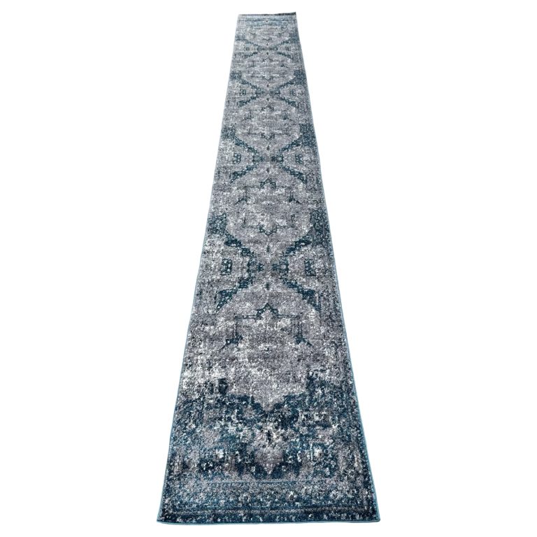 800 x 80cm Turquoise-Grey Vintage Medallion Design Runner Rug