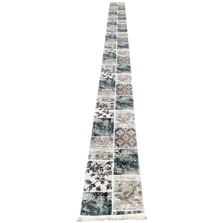 800 x 60cm Beige Blue Vintage Patchwork Design Runner Rug