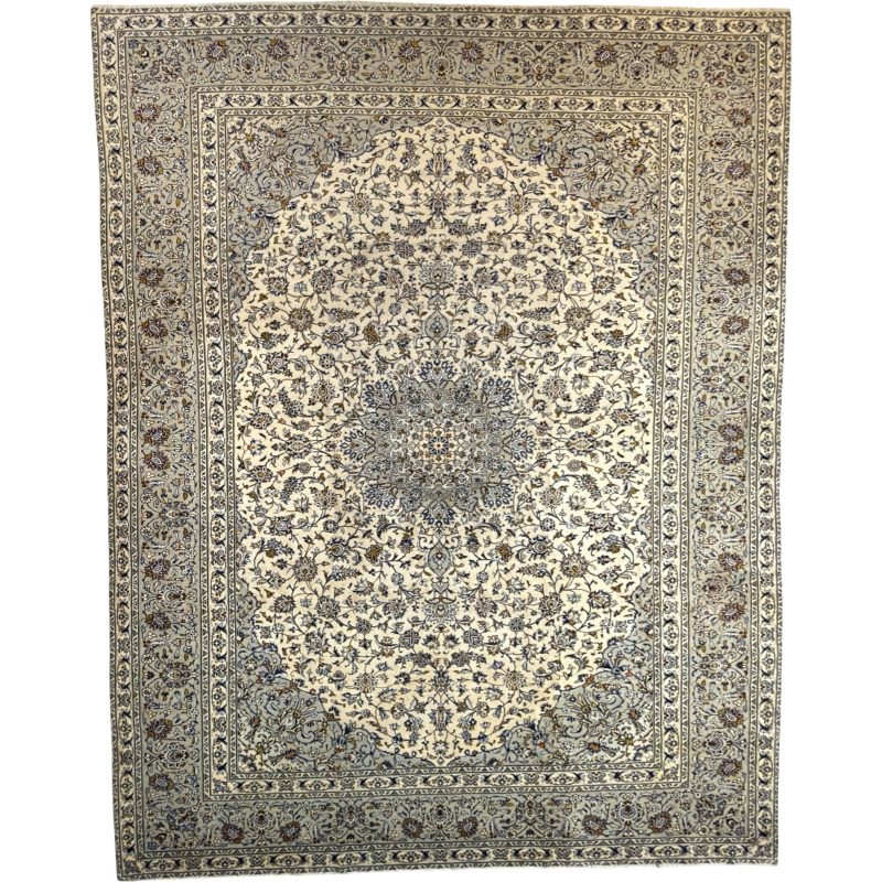 400 x 285cm Hand Knotted Persian Kashan – Grey Ivory Wool Rug