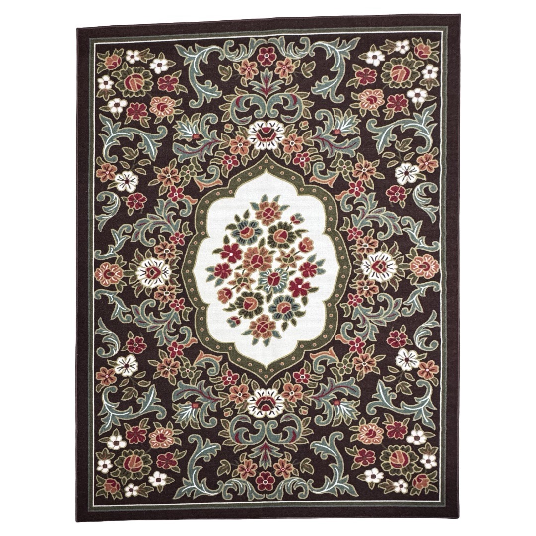 32-1-Large 275cm x 200cm French Garden on Chocolate Brown Non-Slip Area Rug