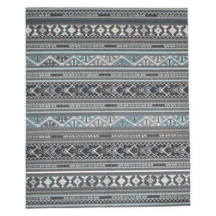 275cm x 200cm Slate Grey & Blue Boho Tribal Pattern Non-Slip Area Rug