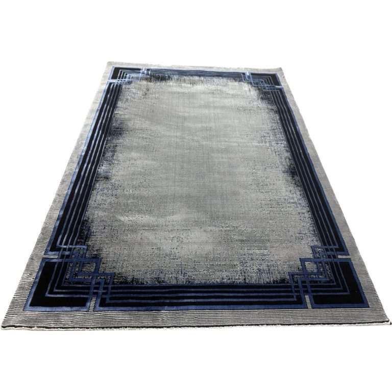 230 × 160cm Modern Grey & Blue Framed Border Turkish Rug