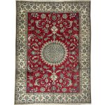 333 x 244cm Fine Persian Silk Nain Nohla Rug – Red Field with Ivory & Blue Medallion