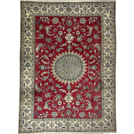 333 x 244cm Fine Persian Silk Nain Nohla Rug – Red Field with Ivory & Blue Medallion