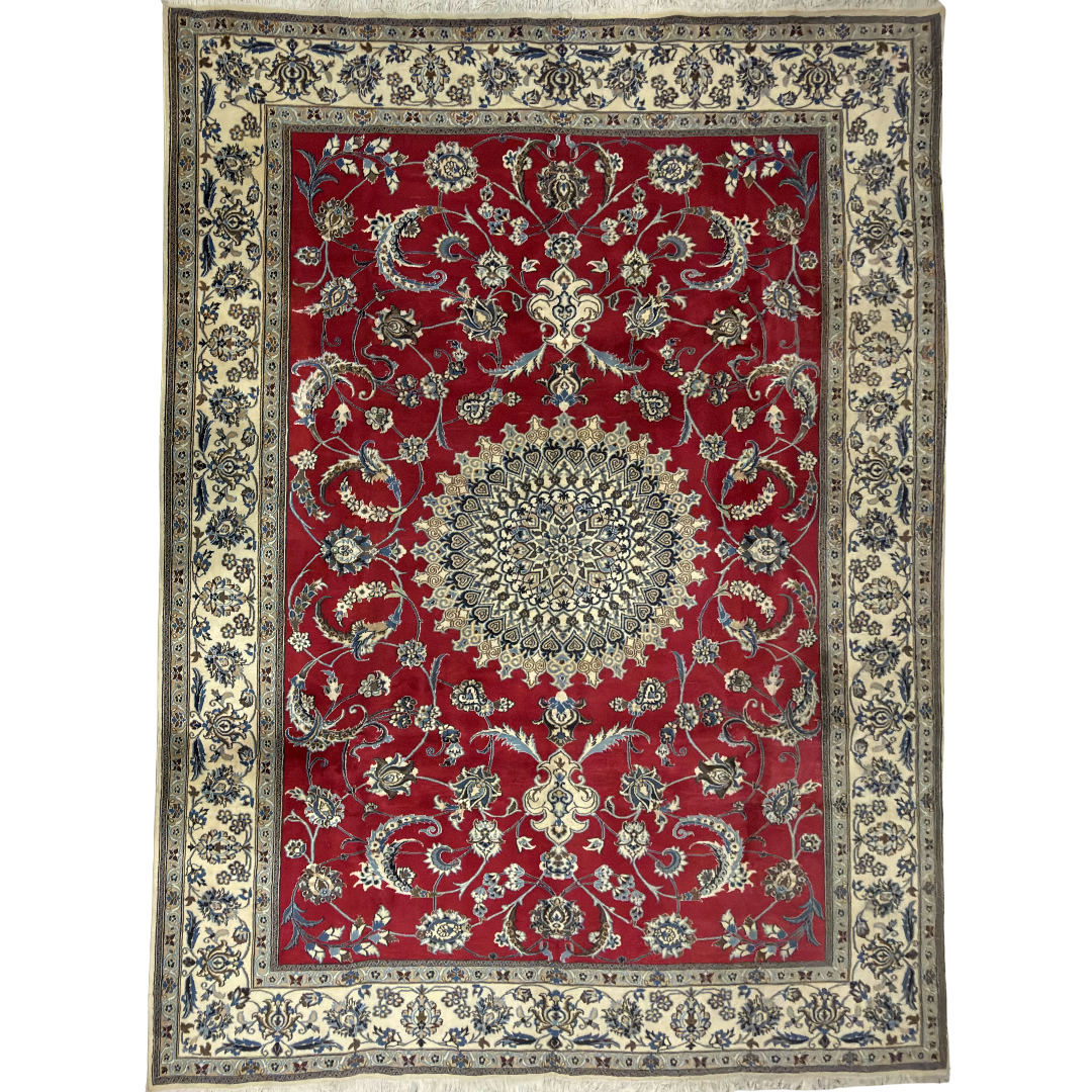 Premium nain handmade rug 333 x 244cm Fine Persian Silk Nain Nohla Rug – Red Field with Ivory & Blue Medallion