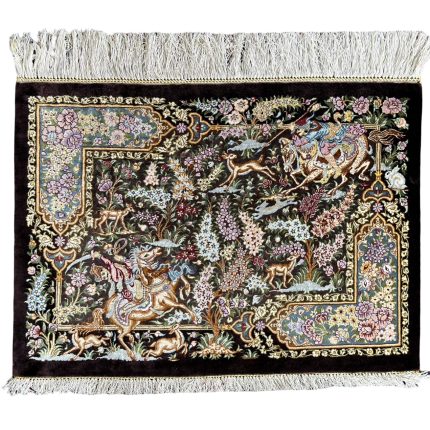 70 x 50cm Hand Woven Persian Hunting Scene 100% Pure Silk Qum Rug