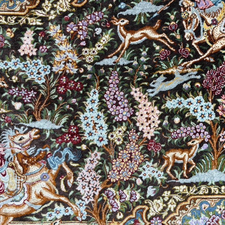 70 x 50cm Hand Woven Persian Hunting Scene 100% Pure Silk Qum Rug