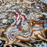 70 x 50cm Hand Woven Persian Hunting Scene 100% Pure Silk Qum Rug